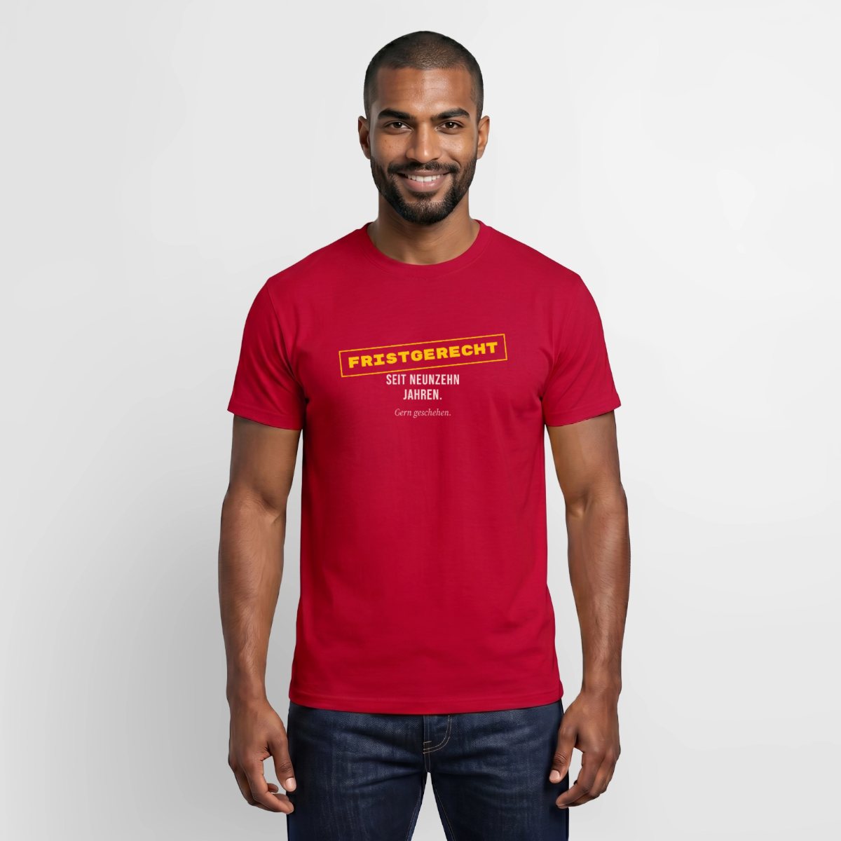 "Fristgerecht seit neunzehn Jahren. Gern geschehen." Motiv-T-Shirt für Männer, Farbe Rot