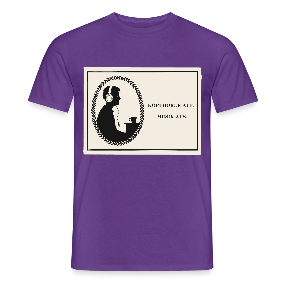 Kopfhörer auf. Musik aus. Motiv-T-Shirt für Männer, Farbe Lila