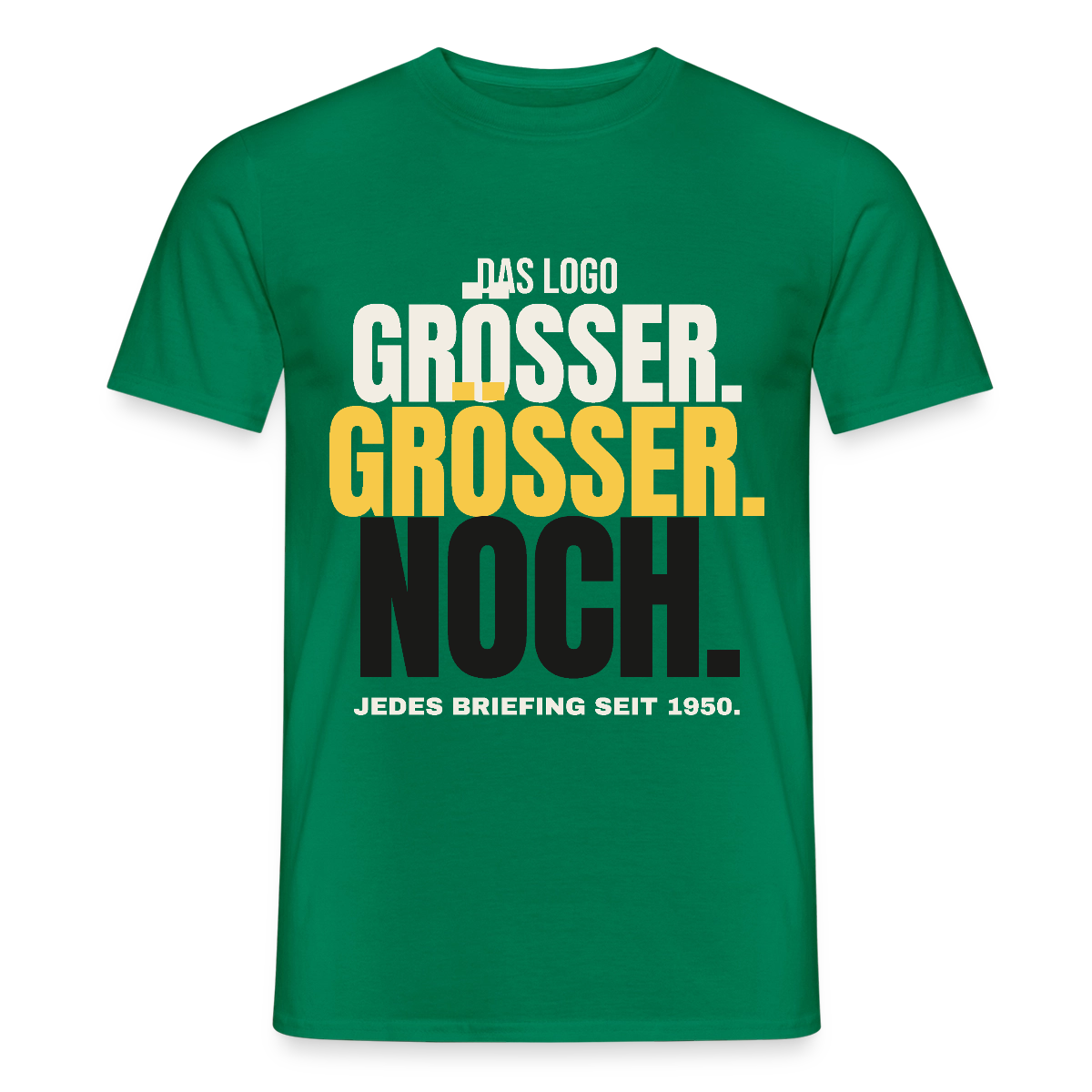 Das Logo größer. Größer. Noch. Jedes Briefing seit 1950. Motiv-T-Shirt für Männer, Farbe Kelly Green