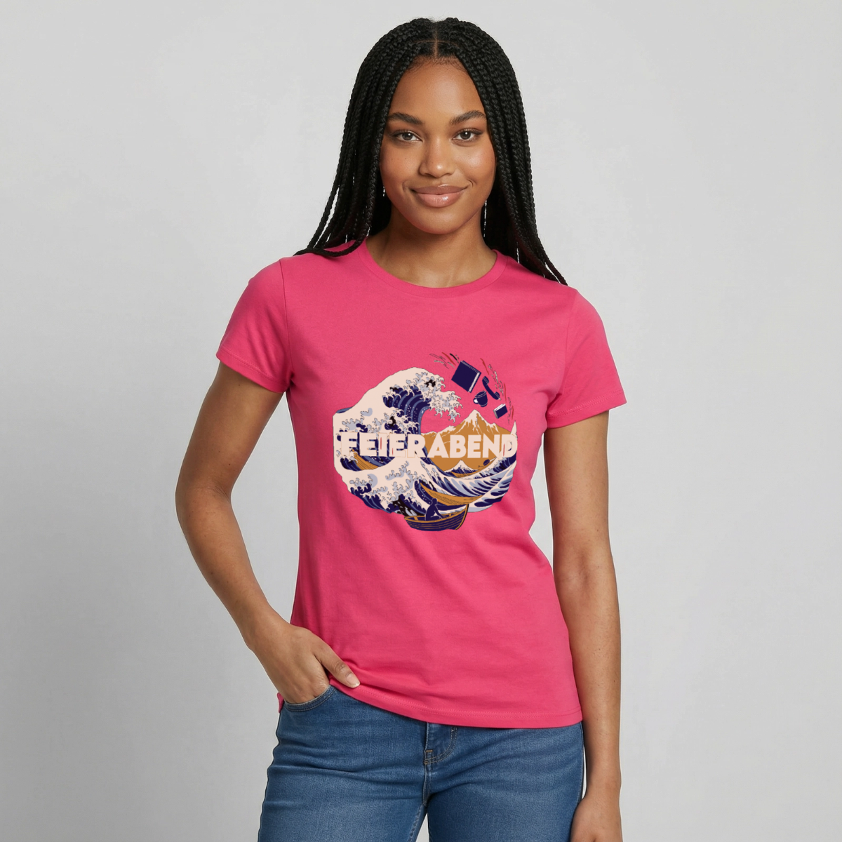 "Feierabend. Ukiyo-e-Motiv" Motiv-T-Shirt für Frauen, Farbe Azalea