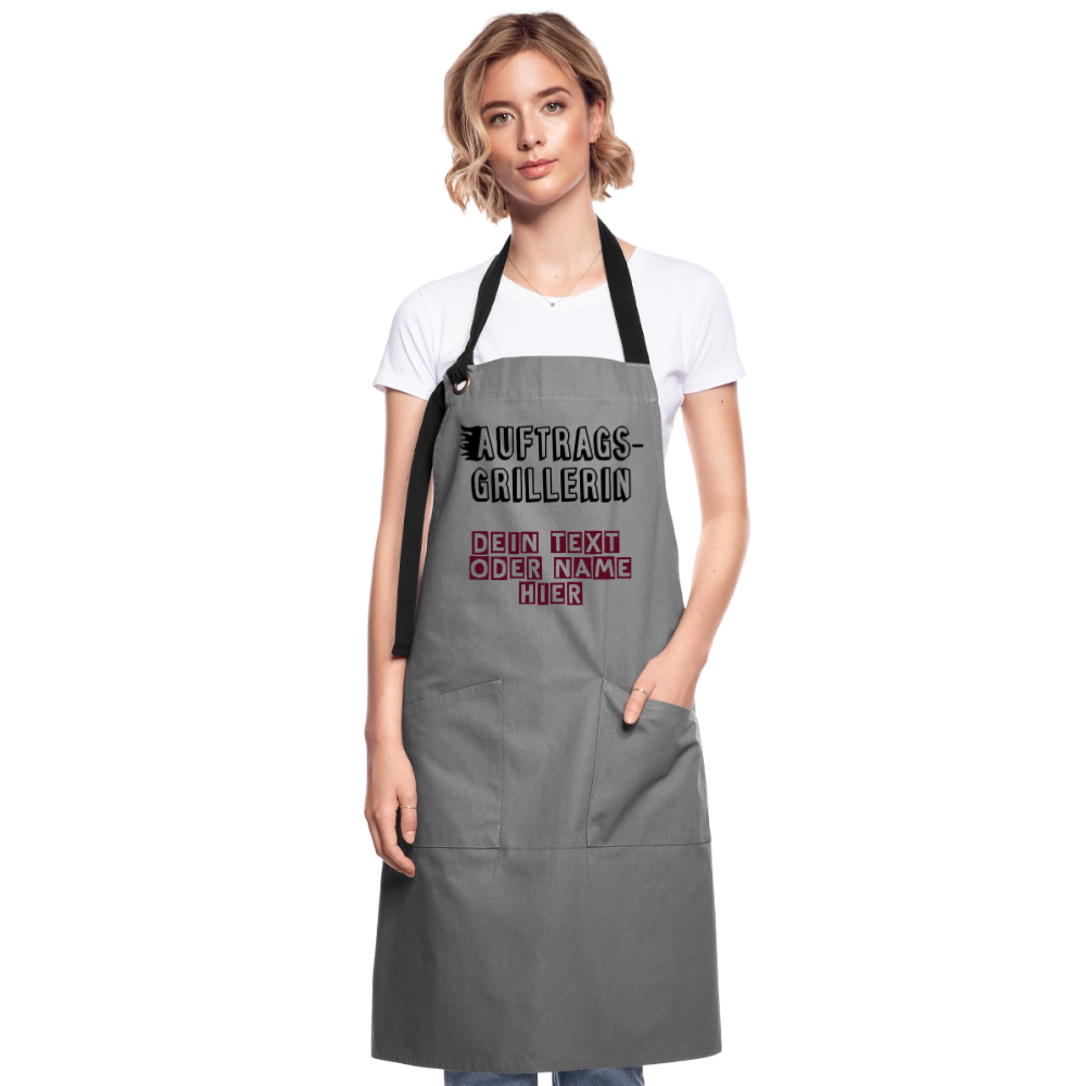 Kontrastschürze "Auftragsgrillerin" für Sie - personalisierbarer Name oder Text - Grau/Schwarz