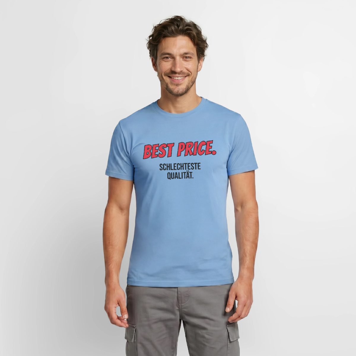 Best Price. Schlechteste Qualität. Motiv-T-Shirt für Männer, Farbe Carolina Blue, Model