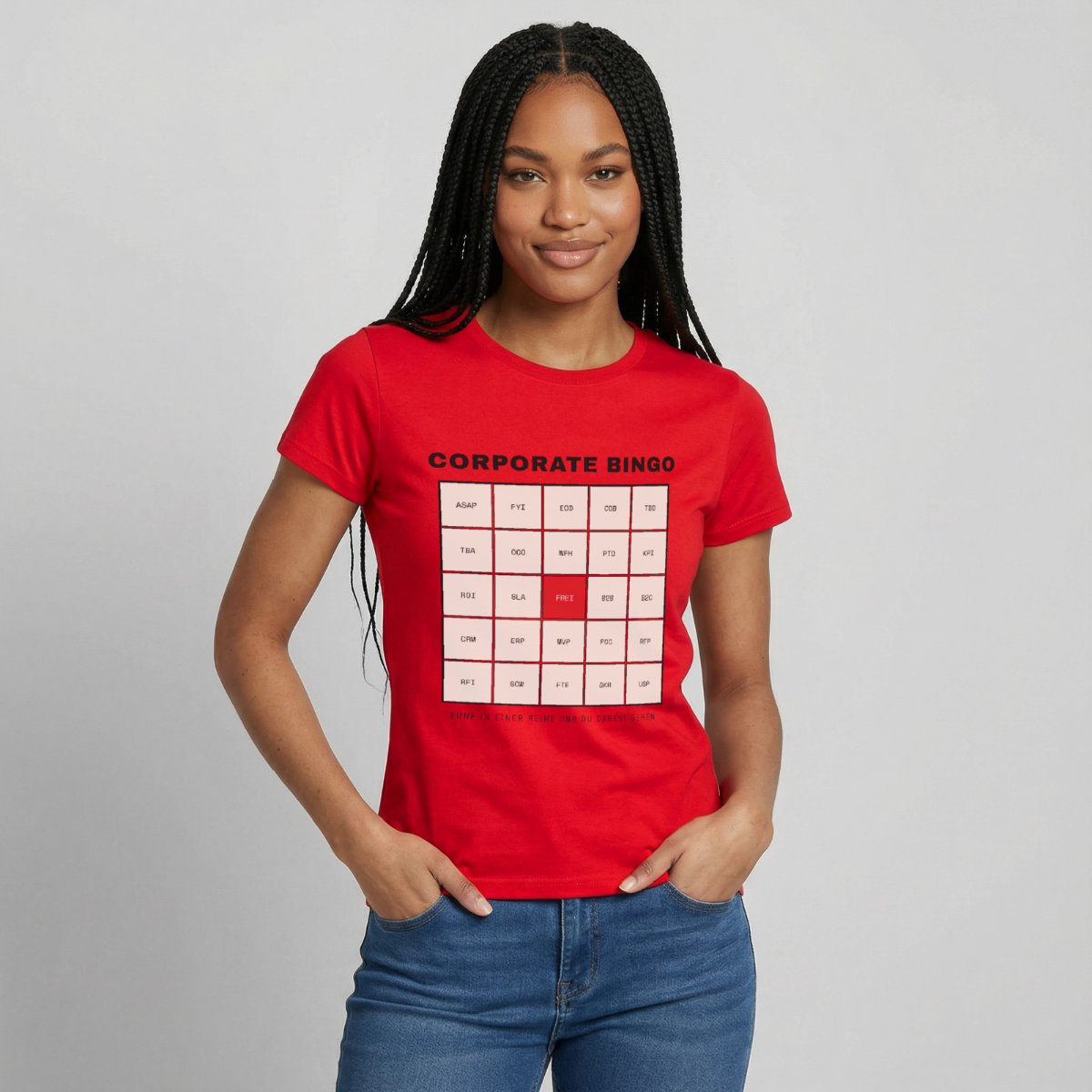 Corporate Bingo. Fünf in einer Reihe. Motiv-T-Shirt für Frauen, Farbe Rot, Model