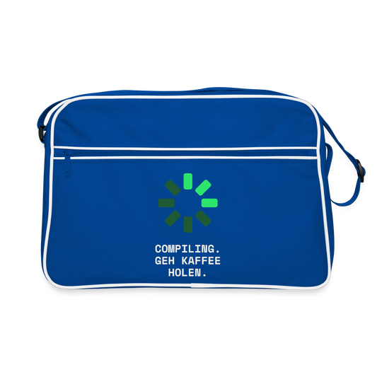 "Compiling. Geh Kaffee holen." Motiv-Retro-Tasche, Farbe Blau/Weiß