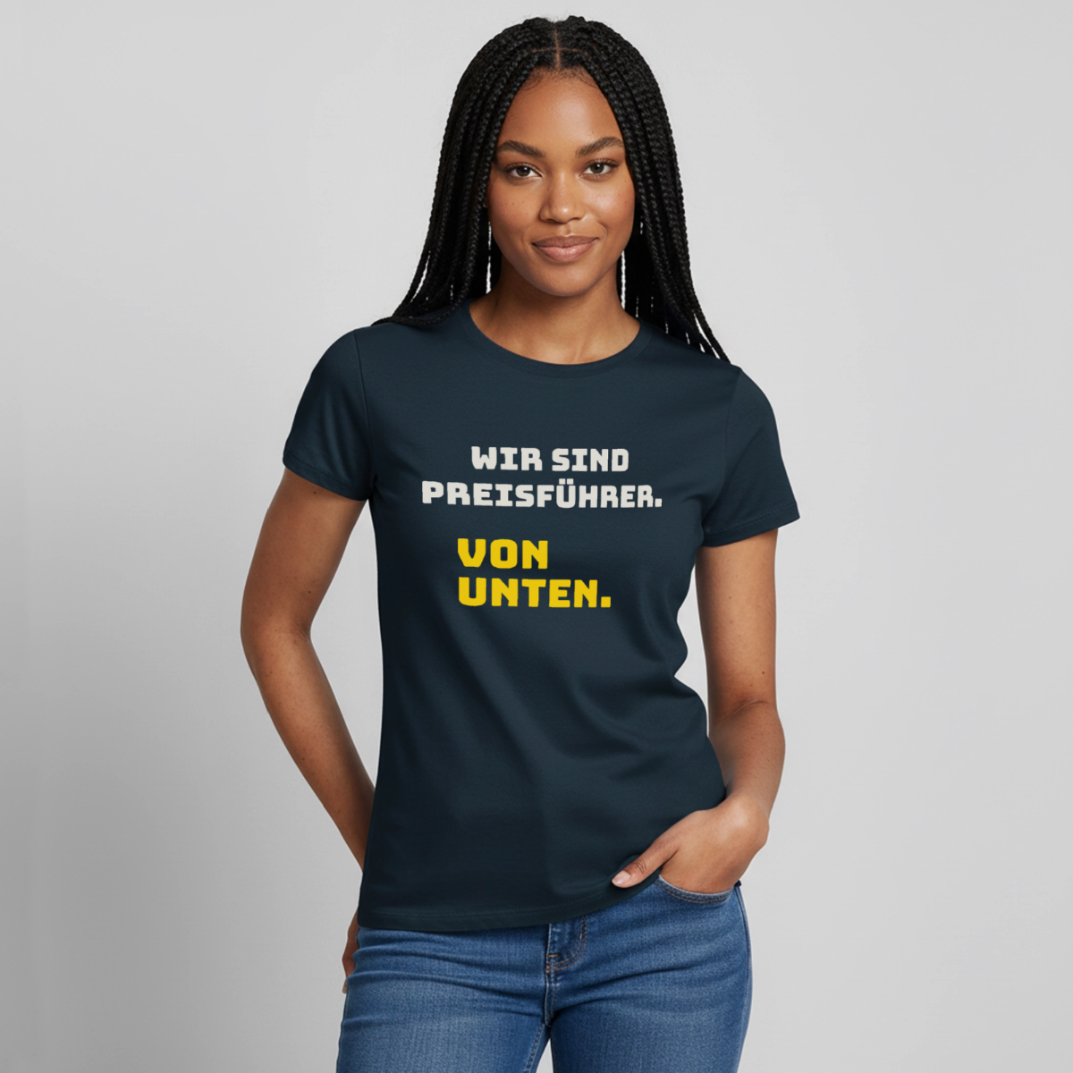 "Wir sind Preisführer. Von unten." Motiv-T-Shirt für Frauen, Farbe Navy