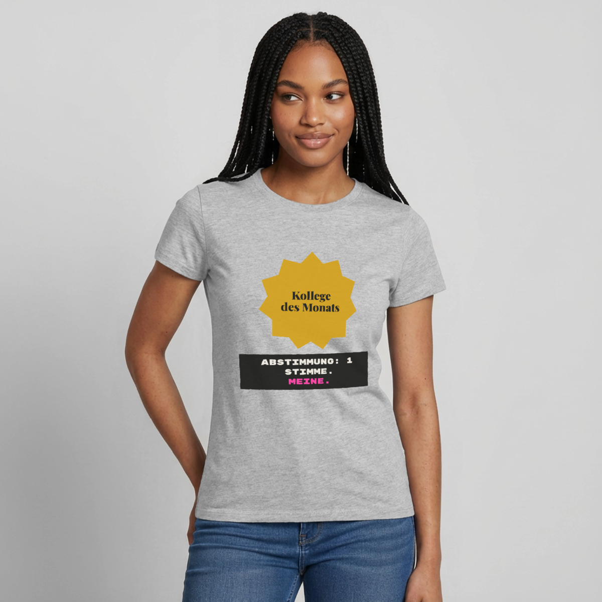 Kollege des Monats. Abstimmung: 1 Stimme. Meine. Motiv-T-Shirt für Frauen, Farbe Grau meliert, Model