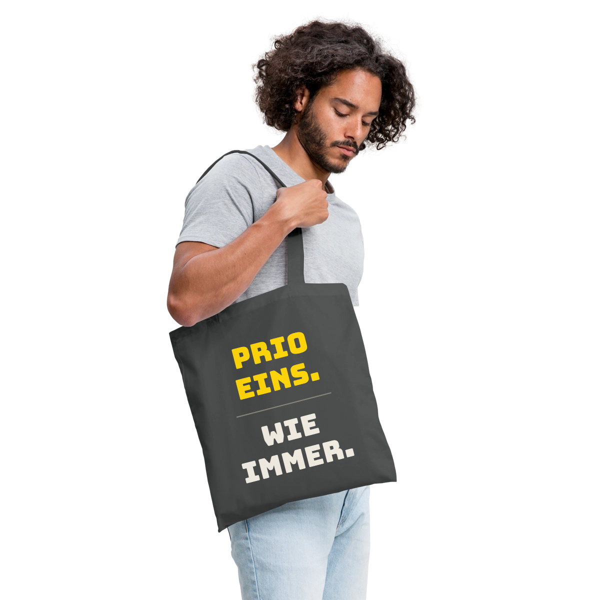 "Prio eins. Wie immer." Stoffbeutel, Farbe Graphite