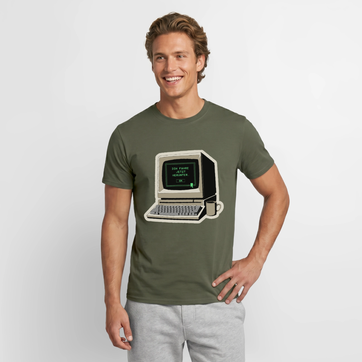 Ich fahre jetzt herunter. Motiv-T-Shirt für Männer, Farbe Militärgrün, Model