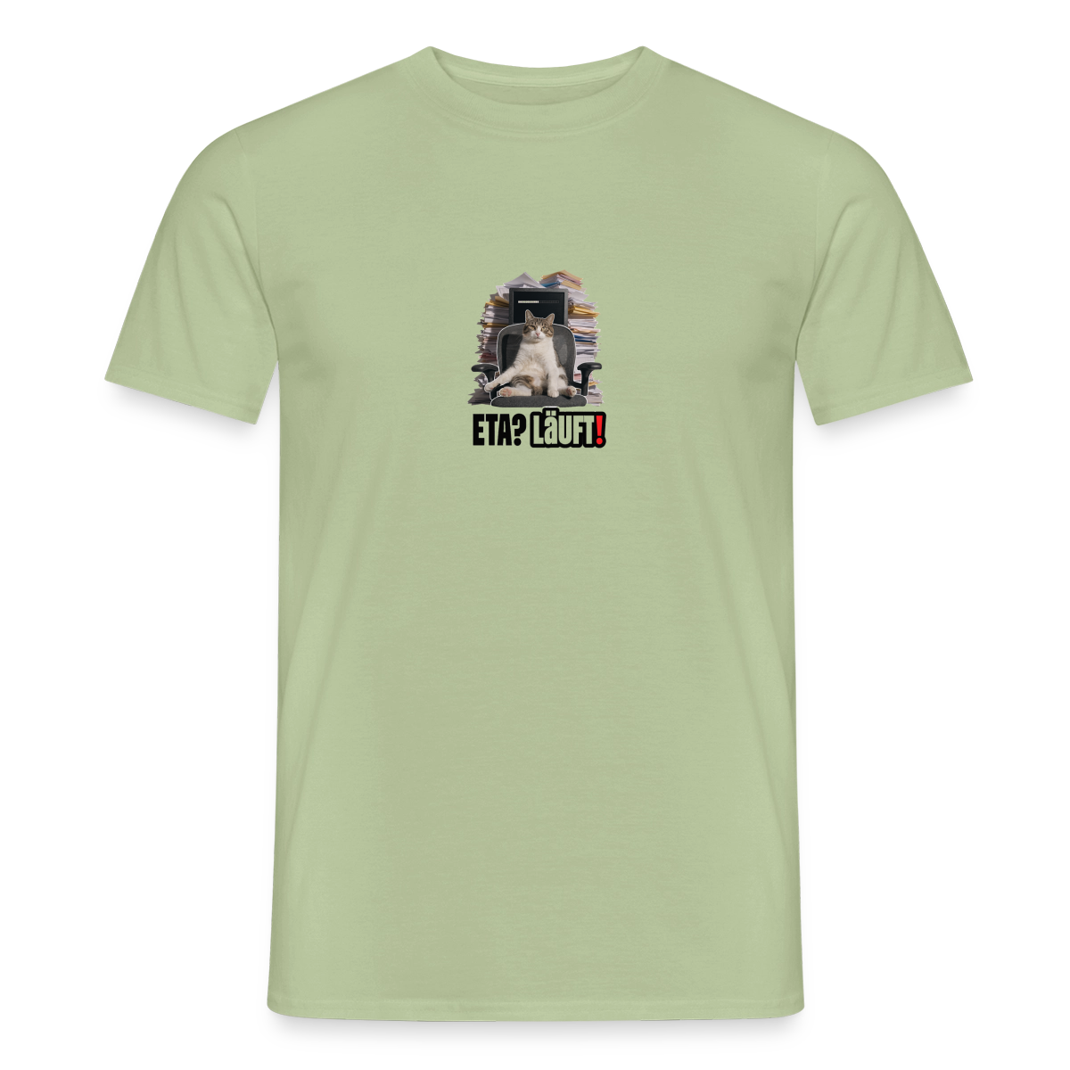 "ETA? Läuft! Bürokatzen-Motiv" Motiv-T-Shirt für Männer, Farbe Sage