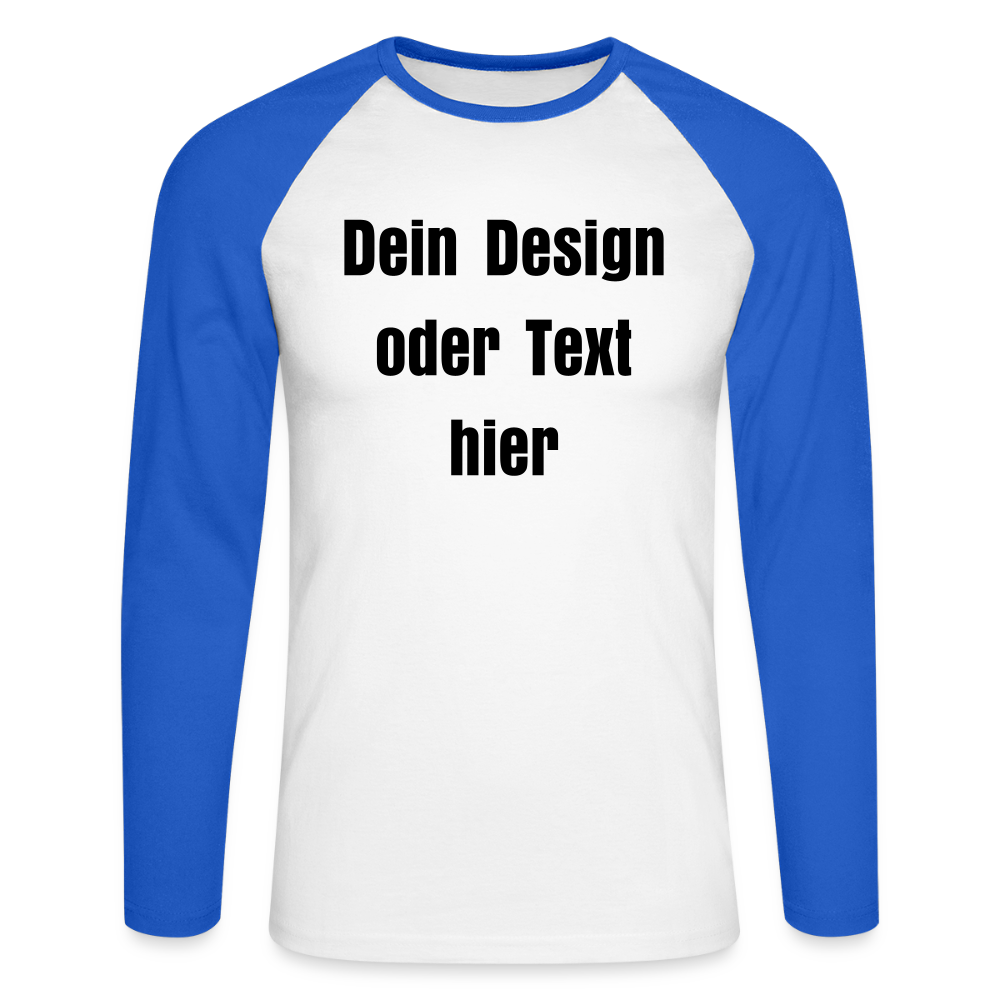 Männer Baseballshirt langarm - personalisierbare Vorder- und Rückseite - Weiß/Royalblau