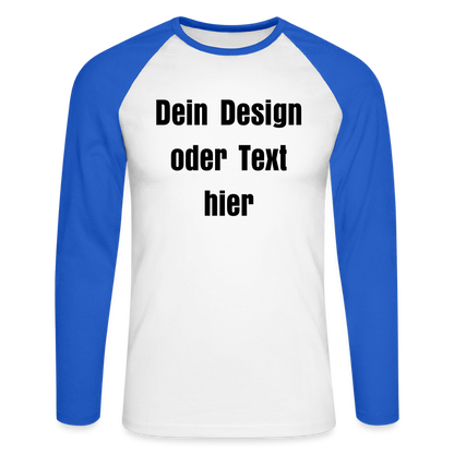 Männer Baseballshirt langarm - personalisierbare Vorder- und Rückseite - Weiß/Royalblau