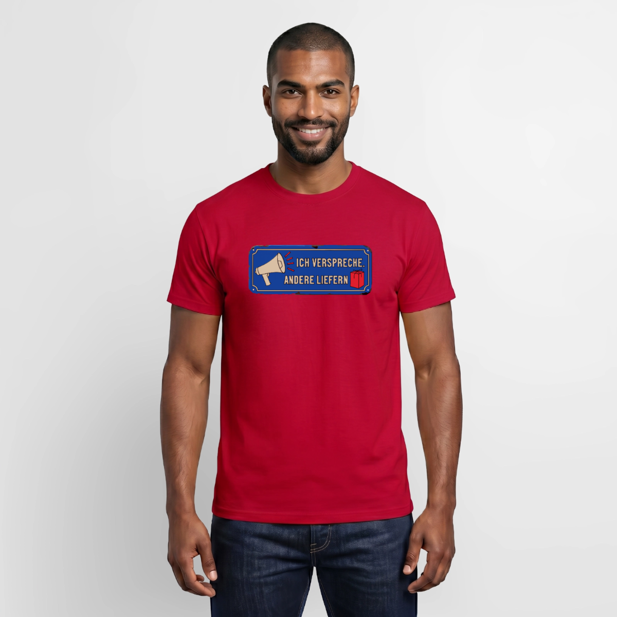 Ich verspreche. Andere liefern. Motiv-T-Shirt für Männer, Farbe Rot, Model
