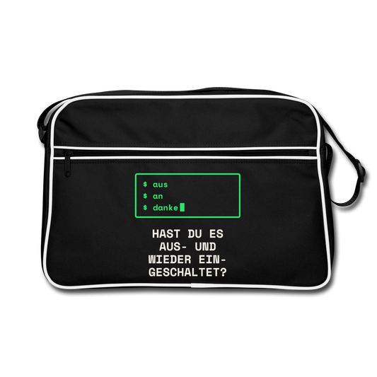 "Hast du es aus- und wieder eingeschaltet?" Motiv-Retro-Tasche, Farbe Schwarz/Weiß