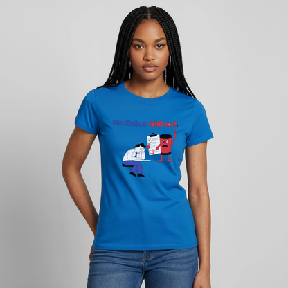 "Ein Haken fehlt noch. Comic-Motiv" Motiv-T-Shirt für Frauen, Farbe Royalblau