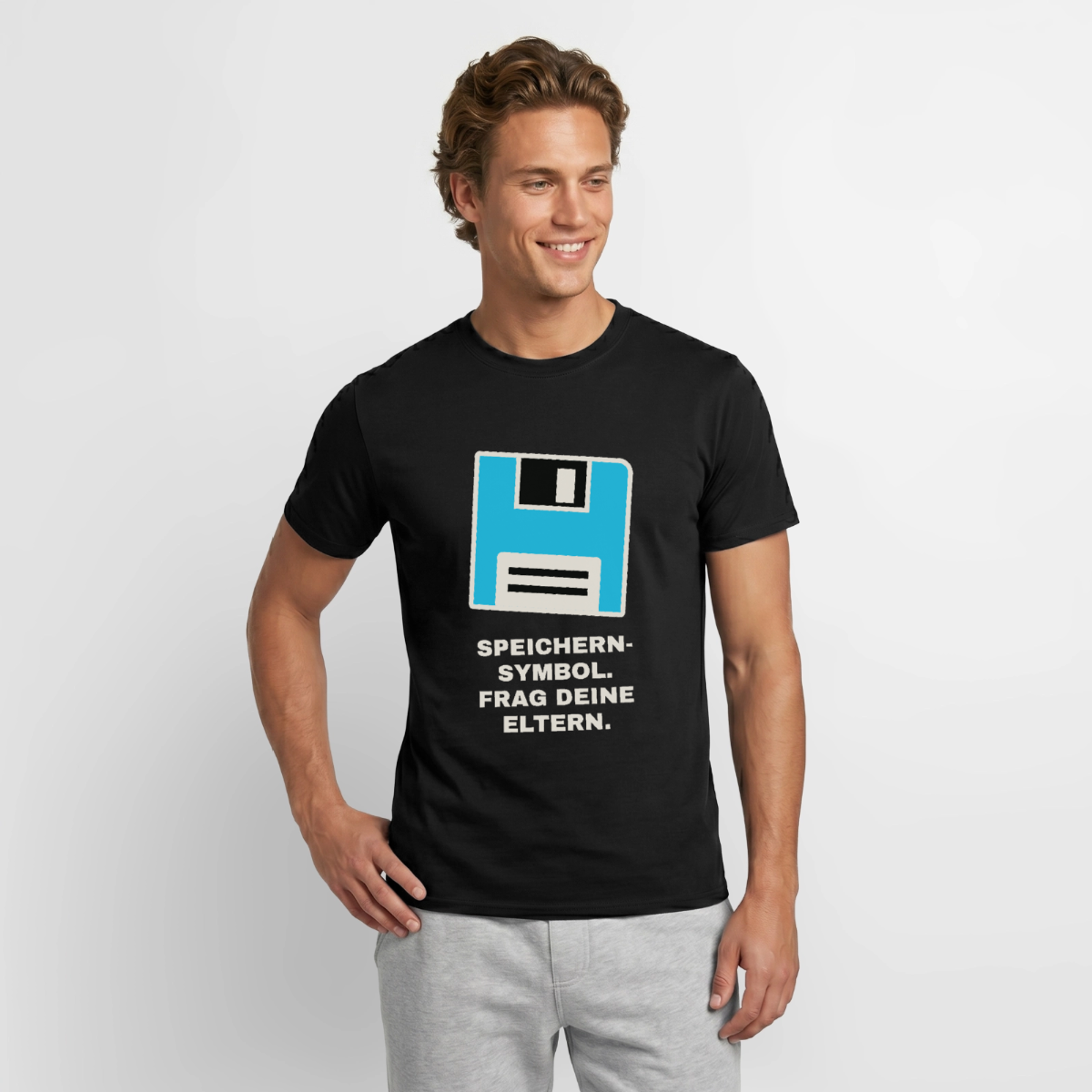 "Speichern-Symbol. Frag deine Eltern." Motiv-T-Shirt für Männer, Farbe Schwarz, Model