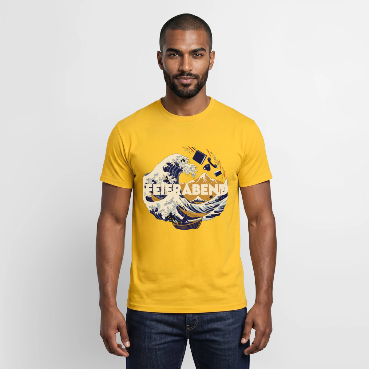 "Feierabend. Ukiyo-e-Motiv" Motiv-T-Shirt für Männer, Farbe Gelb