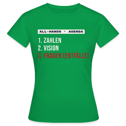 All-Hands-Agenda: 1 Zahlen, 2 Vision, 3 Fragen (entfällt) Motiv-T-Shirt für Frauen, Farbe Kelly Green