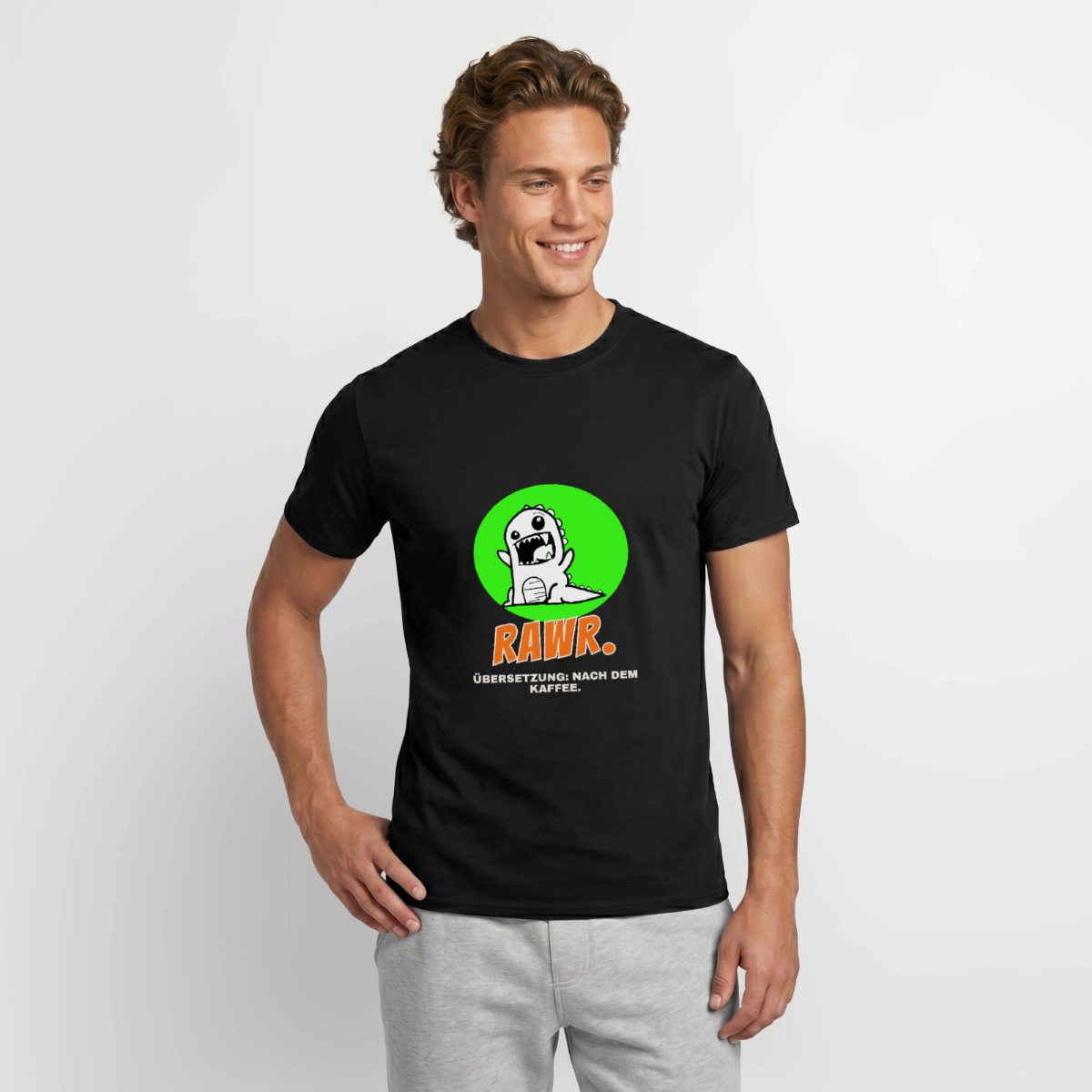 Rawr. Übersetzung: nach dem Kaffee. Sticker-Motiv Motiv-T-Shirt für Männer, Farbe Schwarz, Model