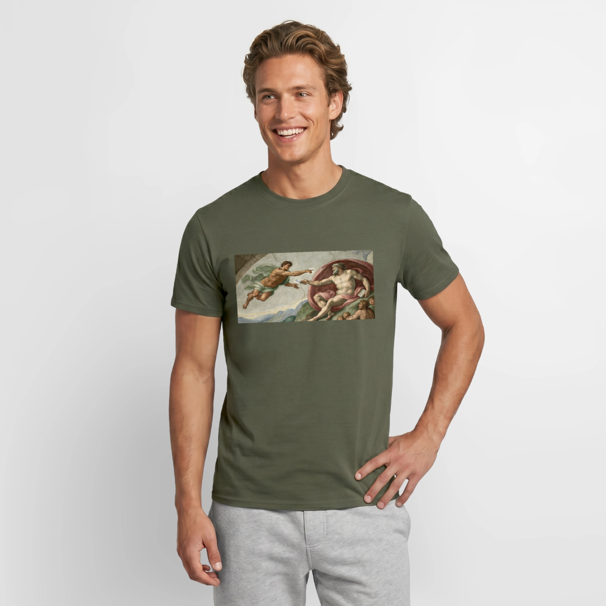 Die Schnittstelle. Renaissance-Motiv Motiv-T-Shirt für Männer, Farbe Militärgrün, Model