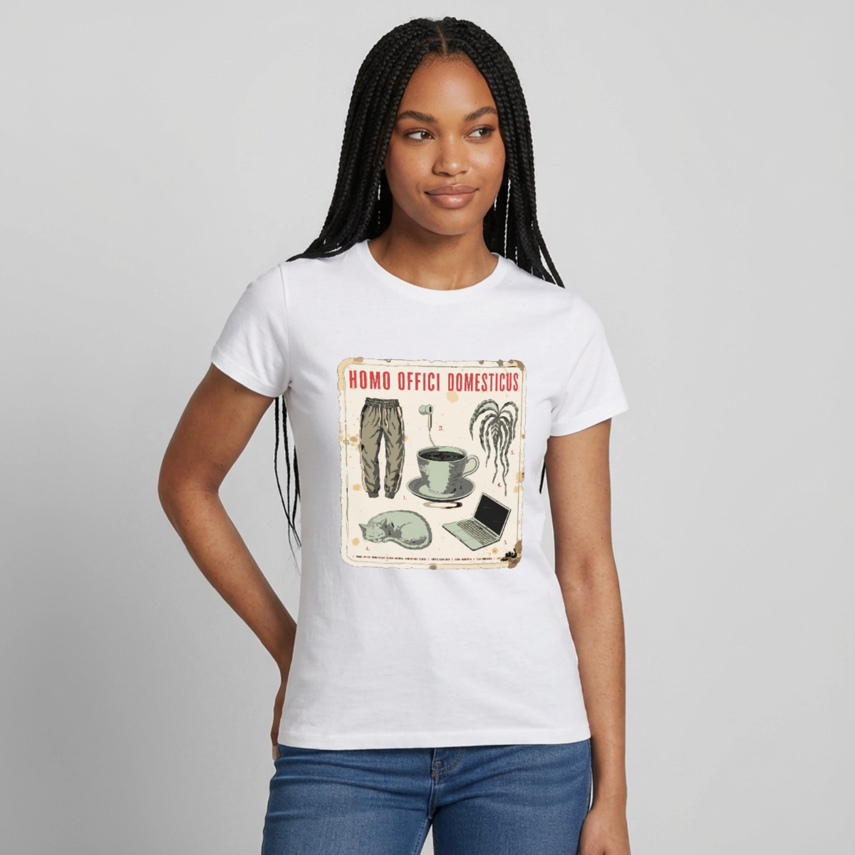 Homo Offici Domesticus Motiv-T-Shirt für Frauen, Farbe Weiß, Model