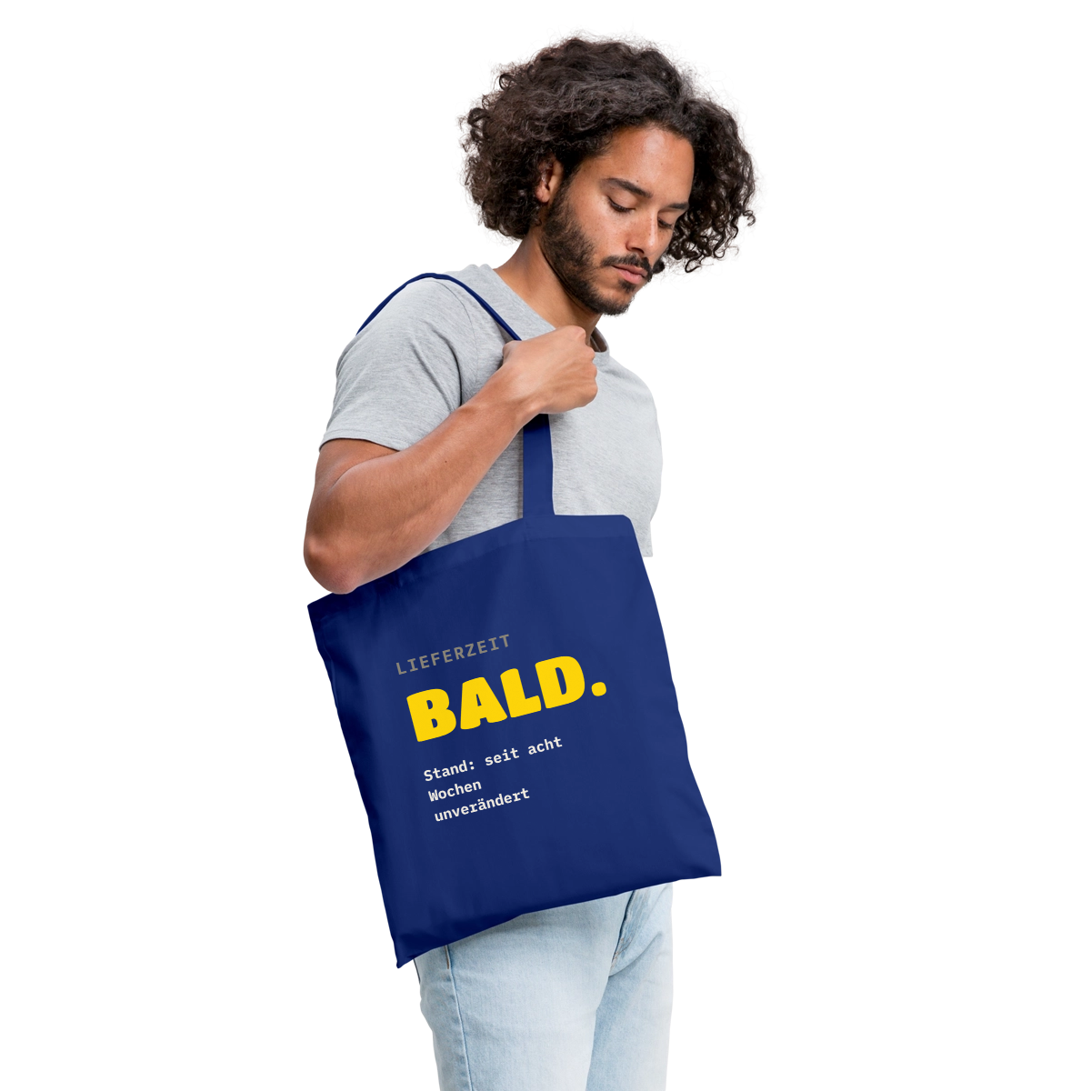 "Lieferzeit: bald. Stand: seit acht Wochen unverändert." Stoffbeutel, Farbe Royalblau