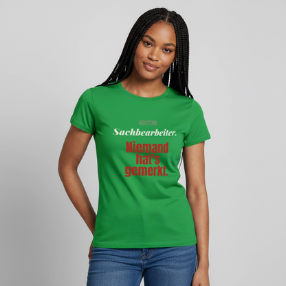 "Kostüm: Sachbearbeiter. Niemand hat's gemerkt." Motiv-T-Shirt für Frauen, Farbe Kelly Green