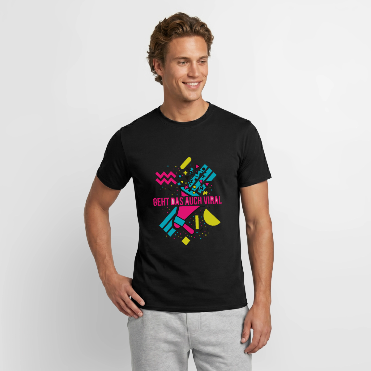 "Geht das auch viral? Memphis-Motiv" Motiv-T-Shirt für Männer, Farbe Schwarz, Model