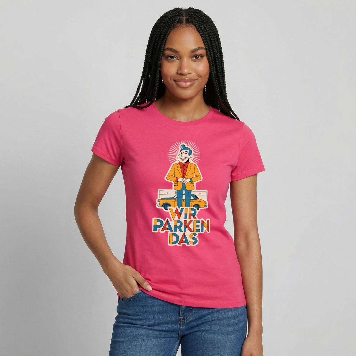"Wir parken das. Midcentury-Motiv" Motiv-T-Shirt für Frauen, Farbe Azalea