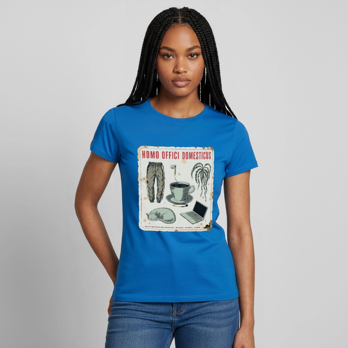 Homo Offici Domesticus Motiv-T-Shirt für Frauen, Farbe Royalblau, Model