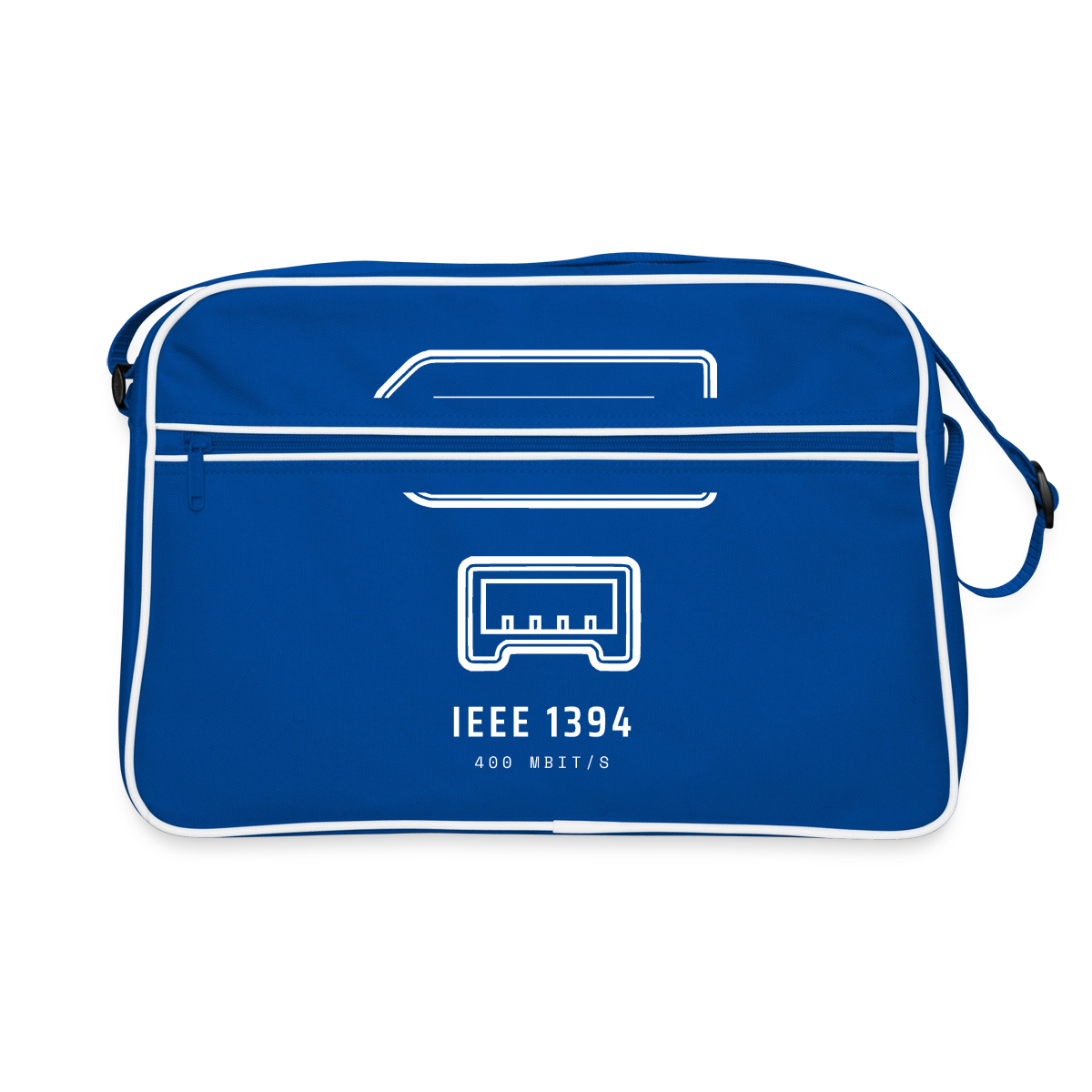 "IEEE 1394, 400 Mbit/s" Motiv-Retro-Tasche, Farbe Blau/Weiß