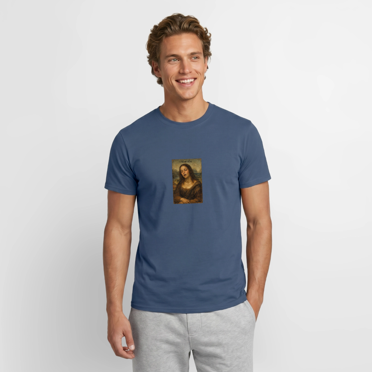 Moan Lisa Motiv-T-Shirt für Männer, Farbe Dunkles Denimblau, Model