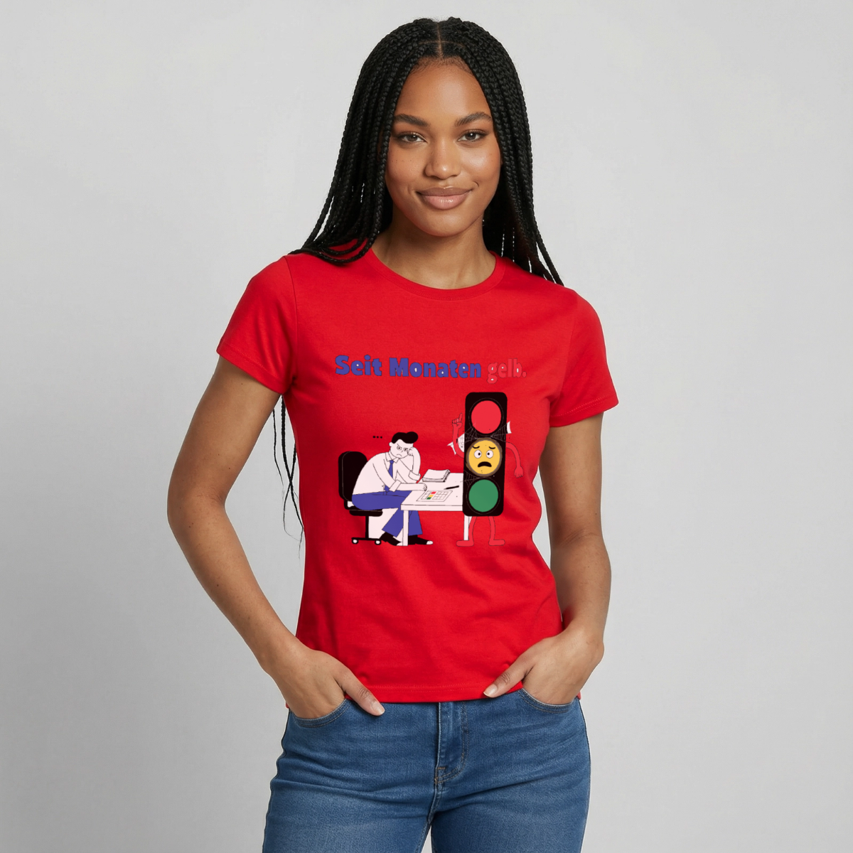 "Seit Monaten gelb. Ampel-Motiv" Motiv-T-Shirt für Frauen, Farbe Rot