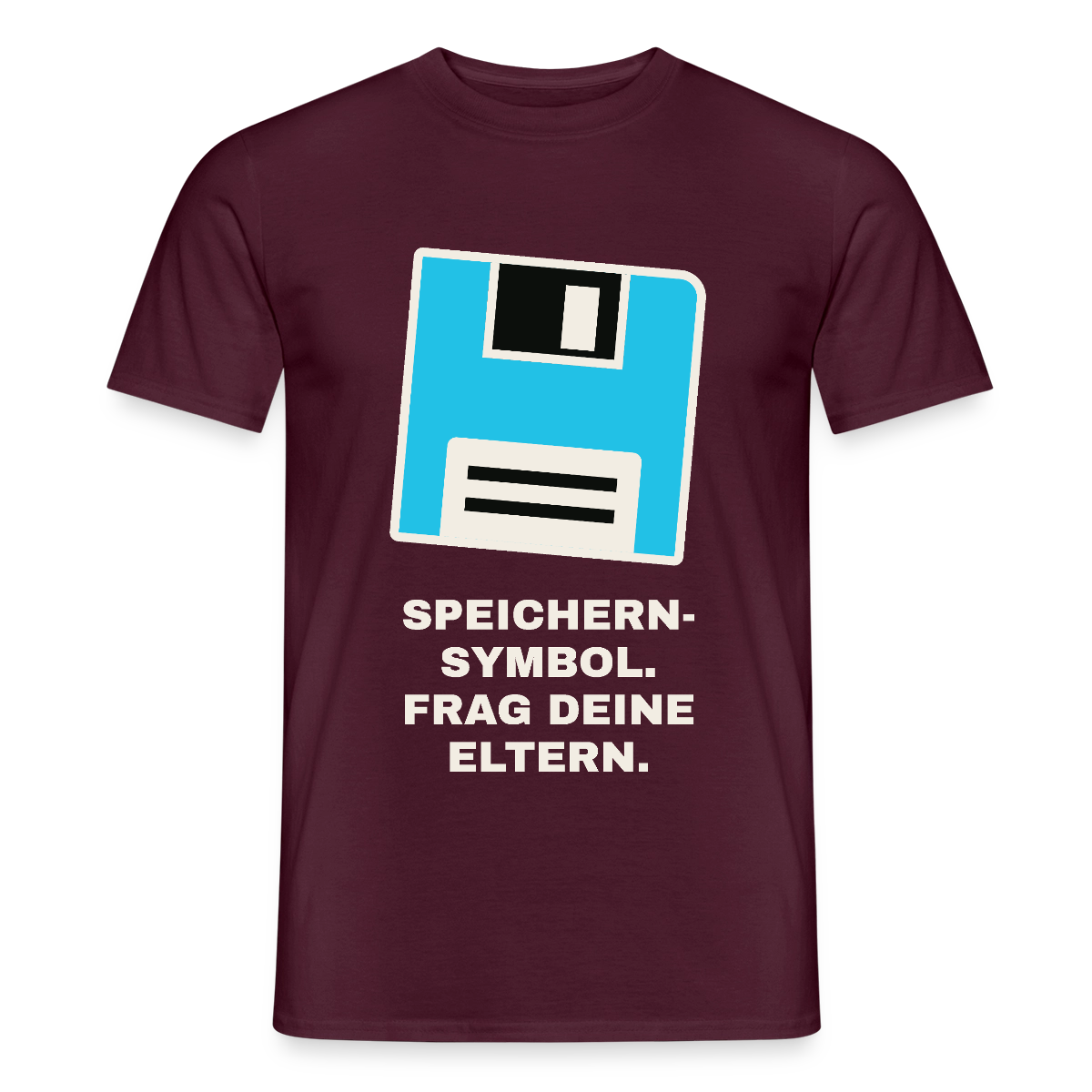 Speichern-Symbol. Frag deine Eltern. Motiv-T-Shirt für Männer, Farbe Ziegelrot