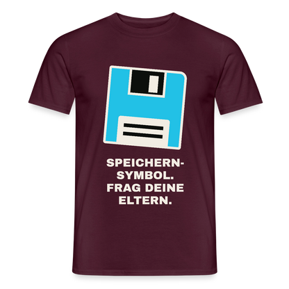 Speichern-Symbol. Frag deine Eltern. Motiv-T-Shirt für Männer, Farbe Ziegelrot