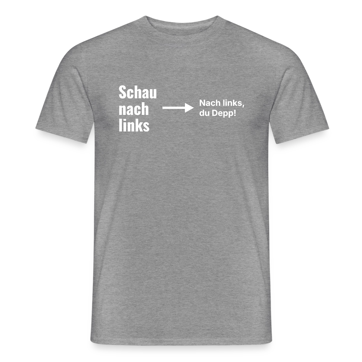 Schau nach links. Typo-Motiv Motiv-T-Shirt für Männer, Farbe Graphit meliert