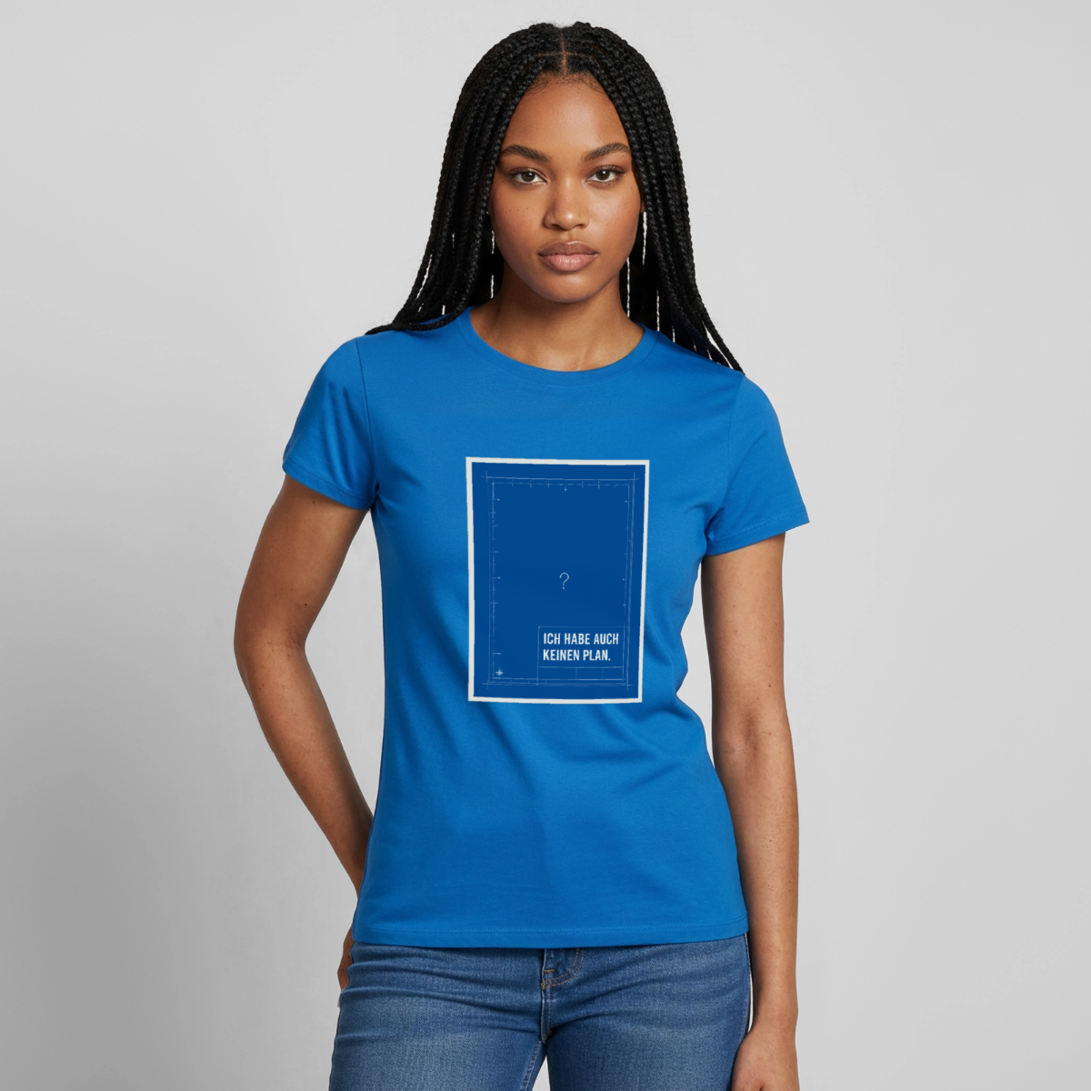 Ich habe auch keinen Plan. Motiv-T-Shirt für Frauen, Farbe Royalblau, Model