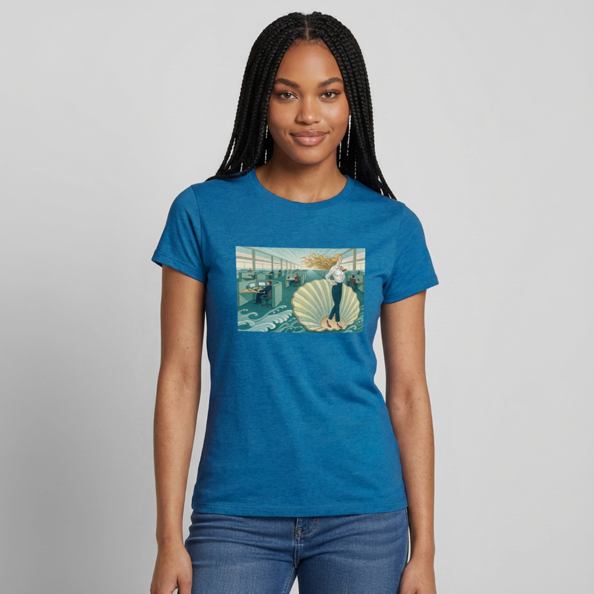 Die Chefin. Renaissance-Motiv Motiv-T-Shirt für Frauen, Farbe Antikblaues Saphir meliert, Model