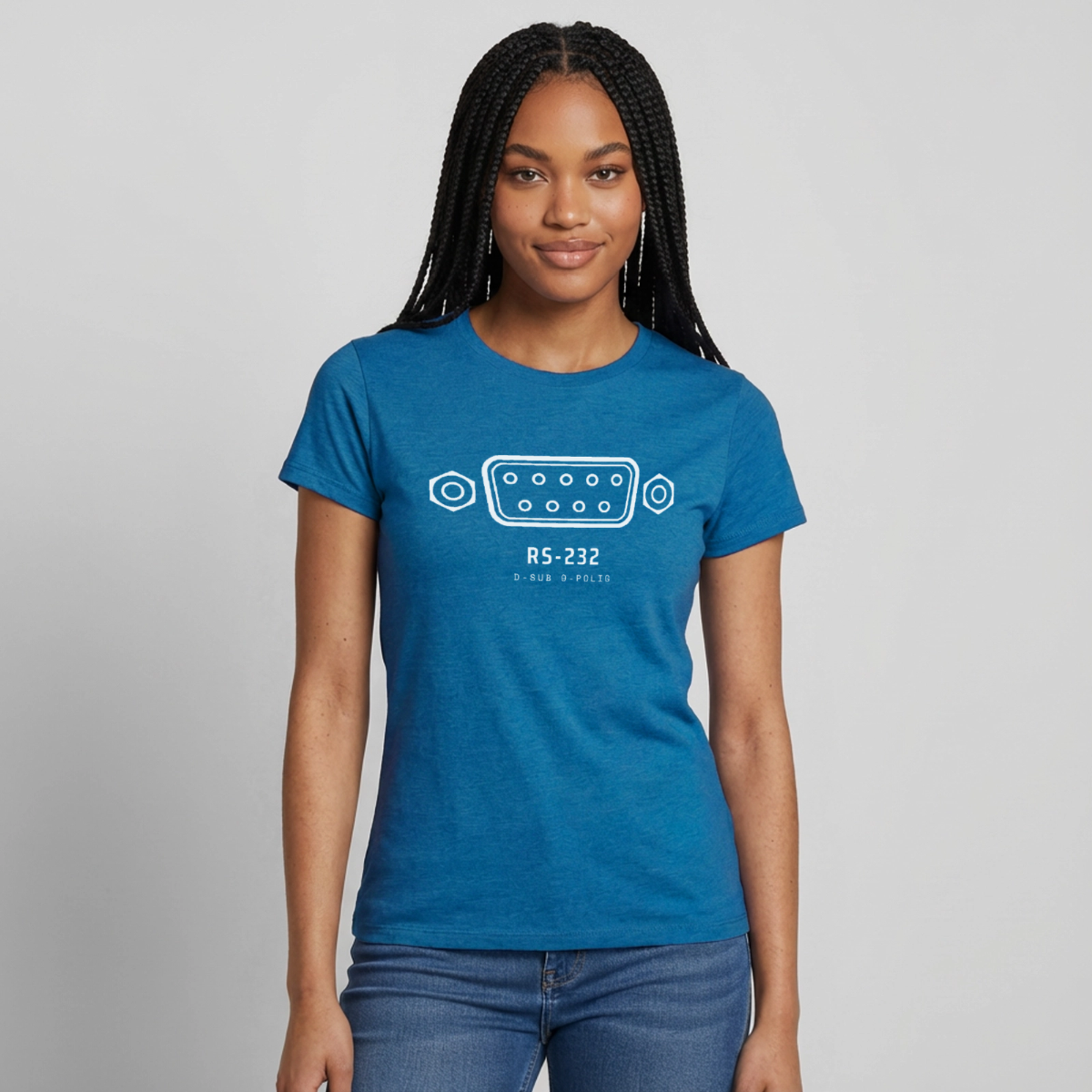 "RS-232, D-Sub 9-polig" Motiv-T-Shirt für Frauen, Farbe Antikblaues Saphir meliert