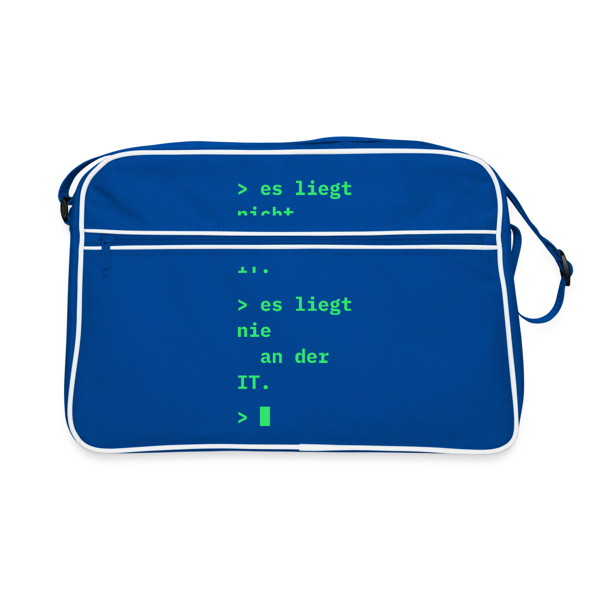 "Es liegt nicht an der IT. Es liegt nie an der IT." Motiv-Retro-Tasche, Farbe Blau/Weiß