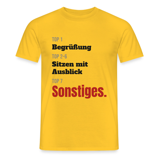 Top 1 Begrüßung, Top 2 bis 6 Sitzen mit Ausblick, Top 7 Sonstiges Motiv-T-Shirt für Männer, Farbe Gelb