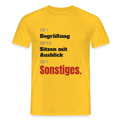 Top 1 Begrüßung, Top 2 bis 6 Sitzen mit Ausblick, Top 7 Sonstiges Motiv-T-Shirt für Männer, Farbe Gelb