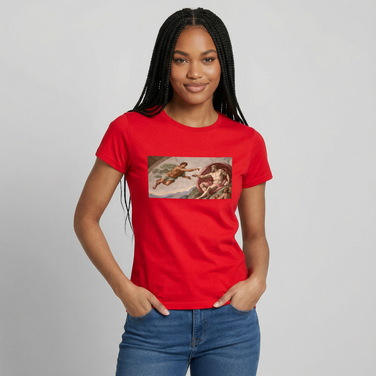Die Schnittstelle. Renaissance-Motiv Motiv-T-Shirt für Frauen, Farbe Rot, Model