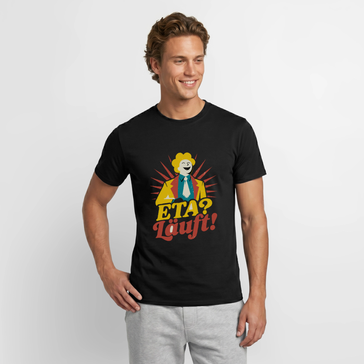 "ETA? Läuft! Midcentury-Motiv" Motiv-T-Shirt für Männer, Farbe Schwarz