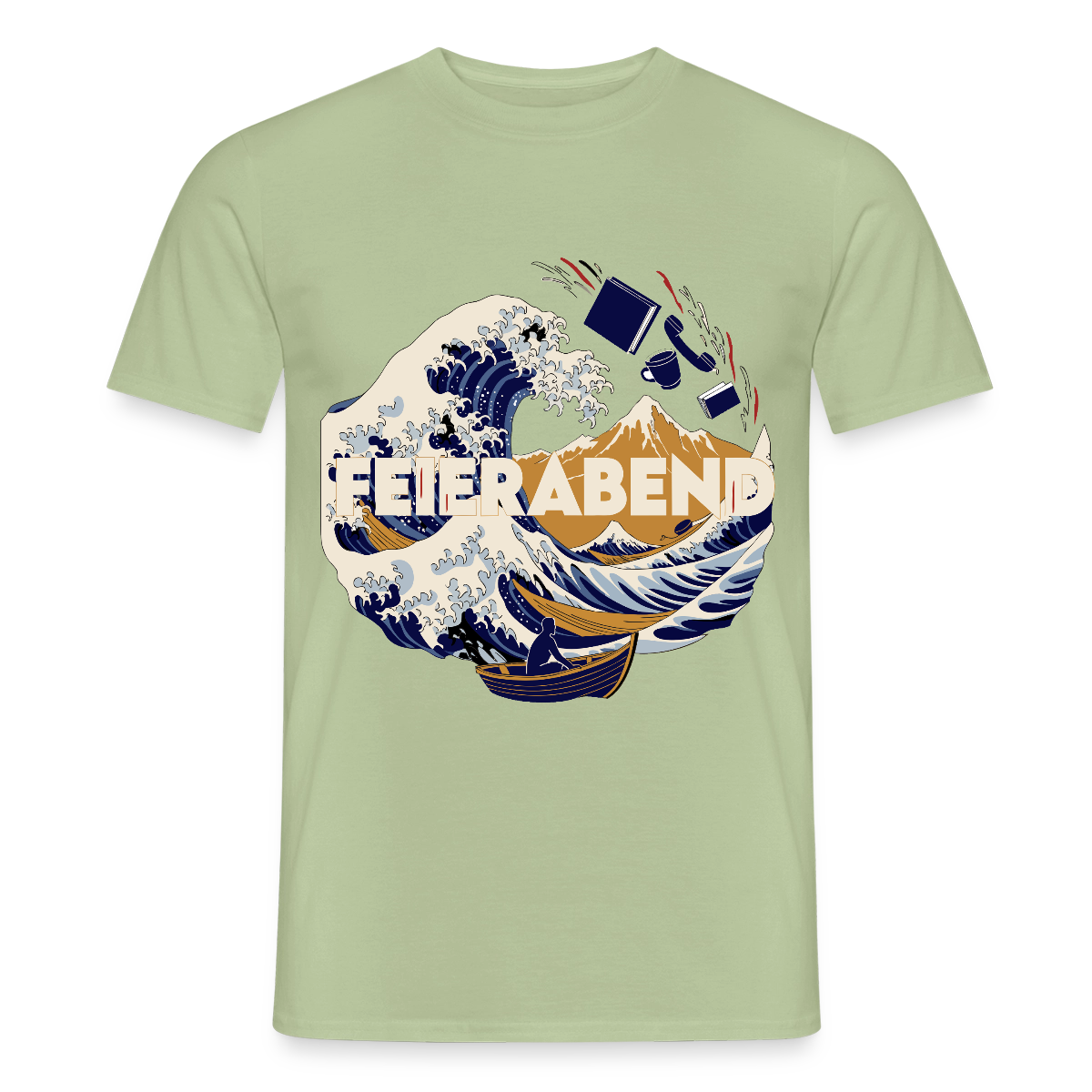 "Feierabend. Ukiyo-e-Motiv" Motiv-T-Shirt für Männer, Farbe Sage