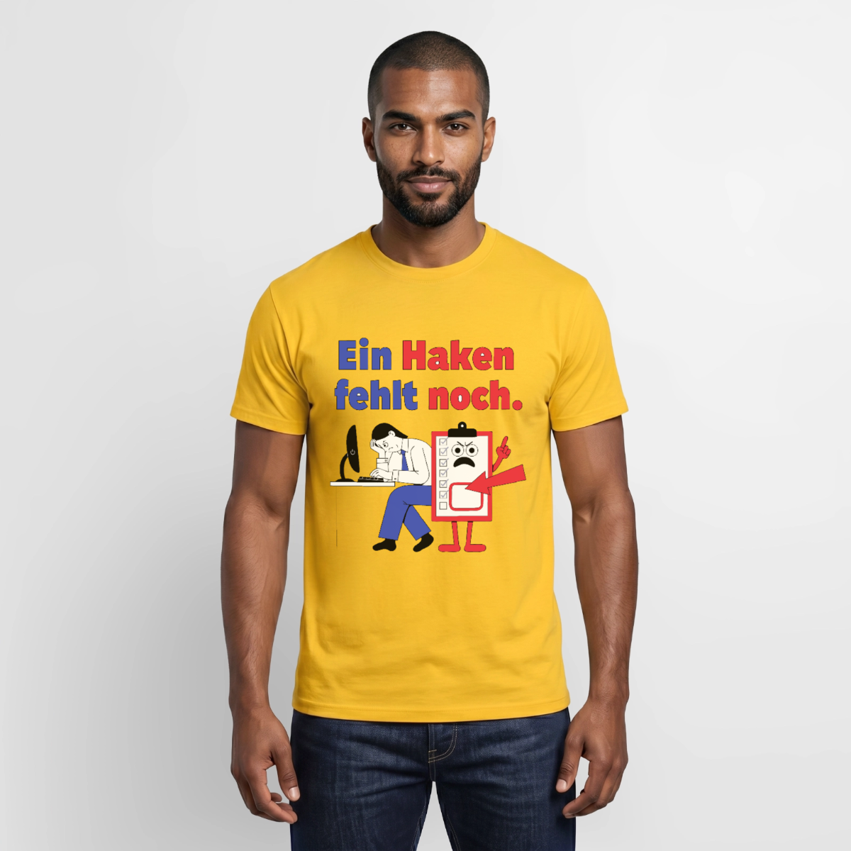 "Ein Haken fehlt noch. Klemmbrett-Motiv" Motiv-T-Shirt für Männer, Farbe Gelb