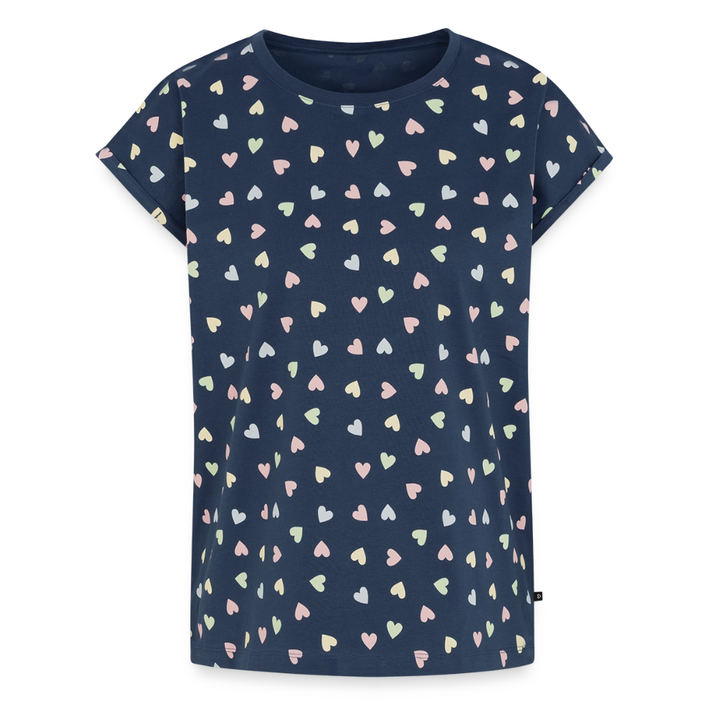 All-over-Print Frauen Premium Organic T-Shirt - Marineblau/Bunte Herzen