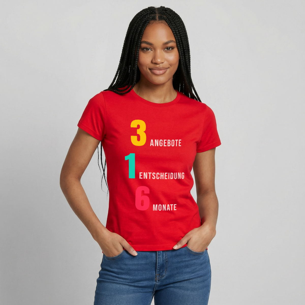 "3 Angebote. 1 Entscheidung. 6 Monate." Motiv-T-Shirt für Frauen, Farbe Rot