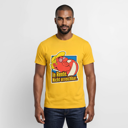 "In Rente. Nicht erreichbar. Popart-Motiv" Motiv-T-Shirt für Männer, Farbe Gelb