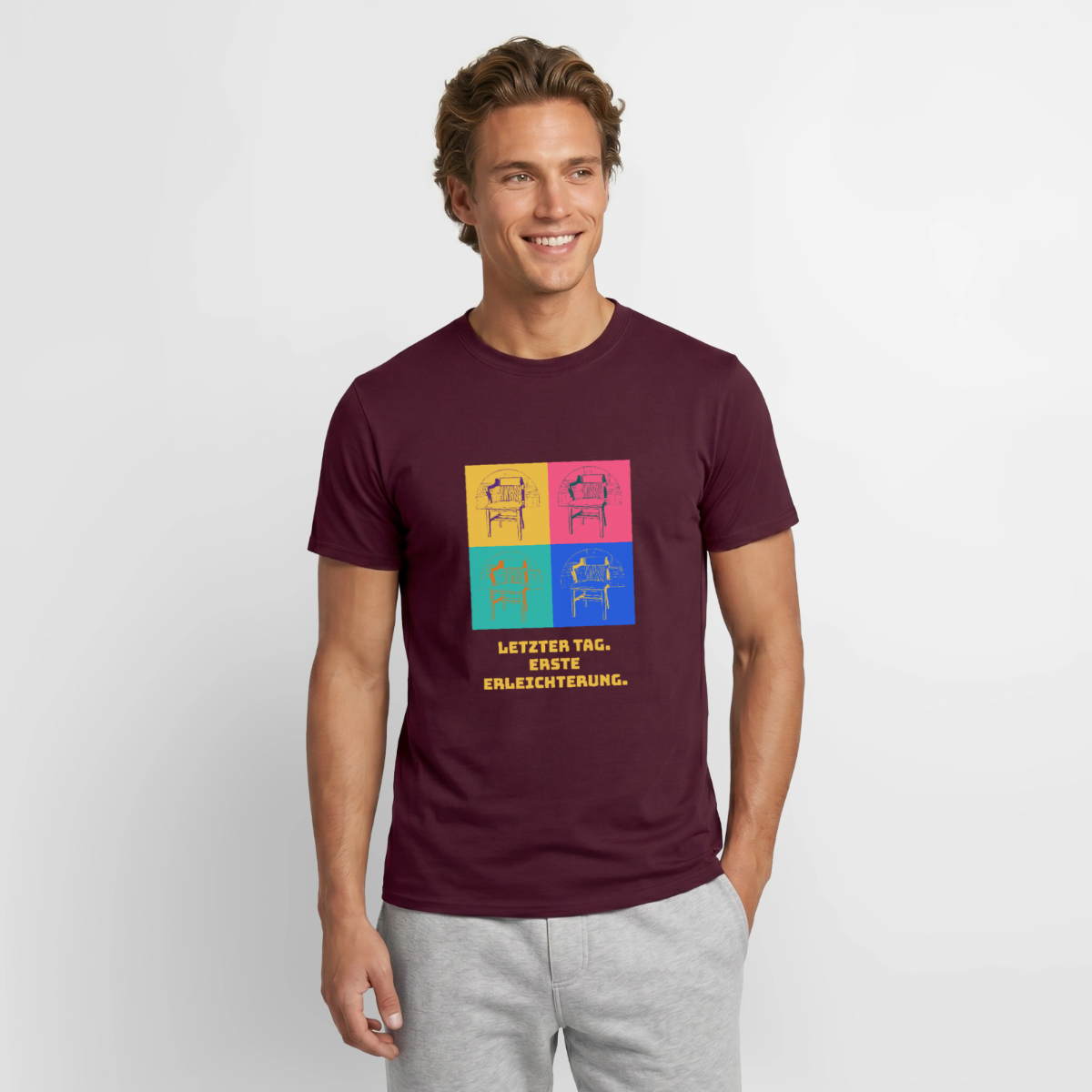 "Letzter Tag. Erste Erleichterung. Popart-Motiv" Motiv-T-Shirt für Männer, Farbe Ziegelrot