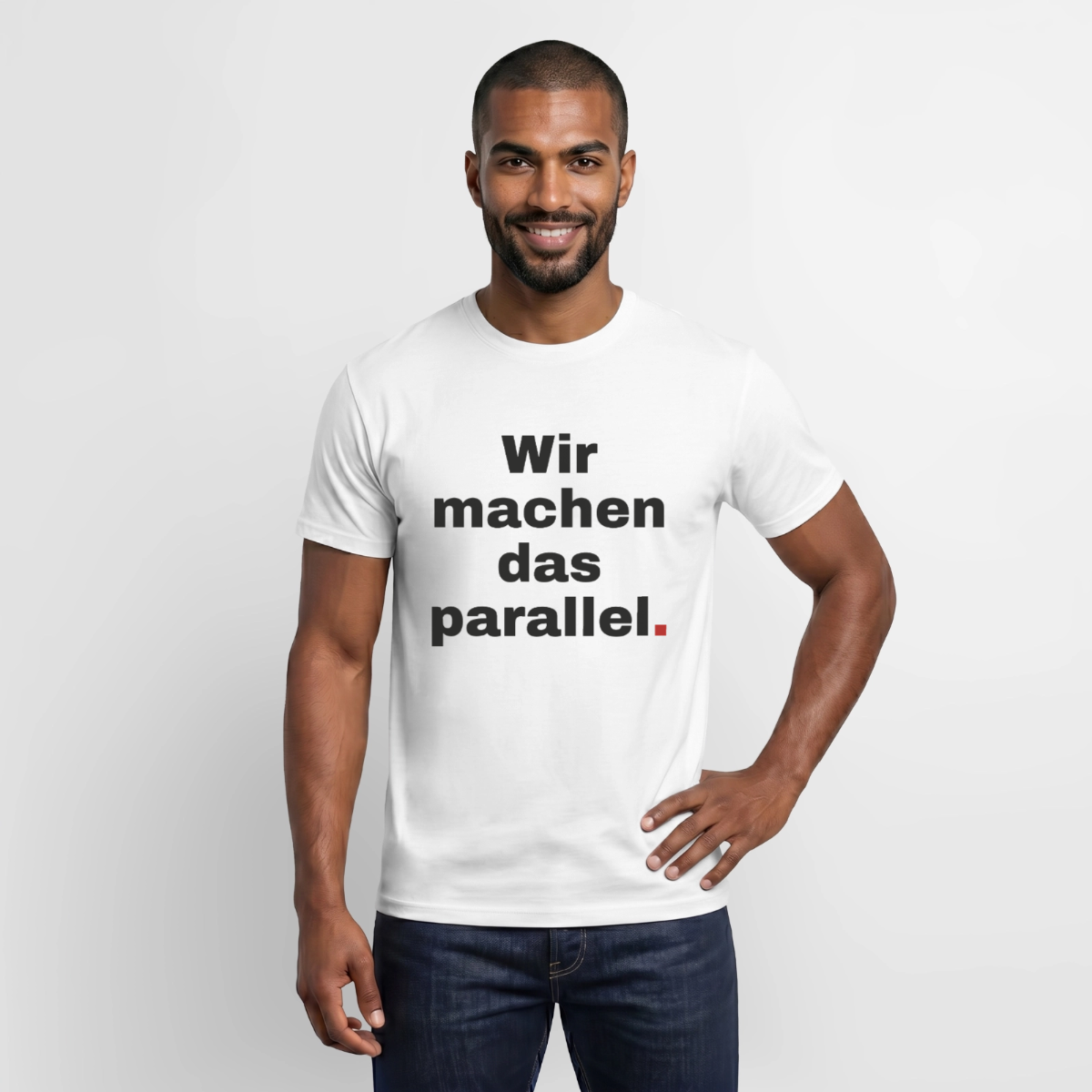 "Wir machen das parallel" Motiv-T-Shirt für Männer, Farbe Weiß
